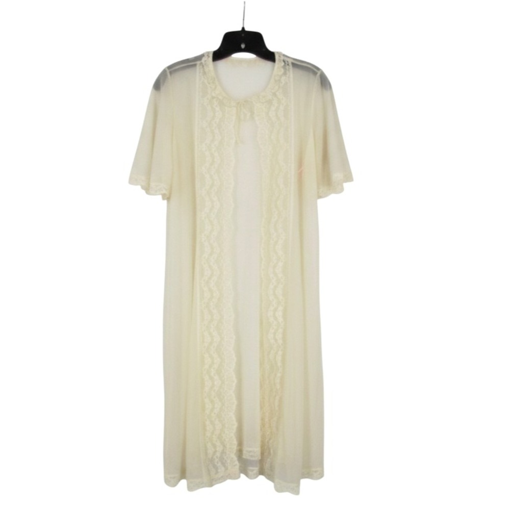 VTG GILEAD Sheer NYLON Ivory LACE MECH TRIM Tie Neckline/Open LOUNGE ROBE Sz S